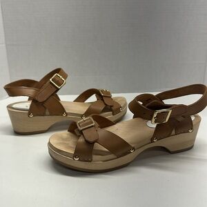 Sabot YouYou French Clog Sandals Open Toe Ankle Straps Wooden Tan Brown 38 US 8
